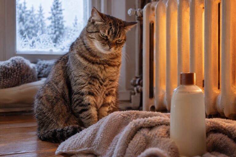 Un chat gris assis près d'un radiateur chaud en hiver, regardant avec méfiance une serviette et un flacon de shampoing posés devant lui