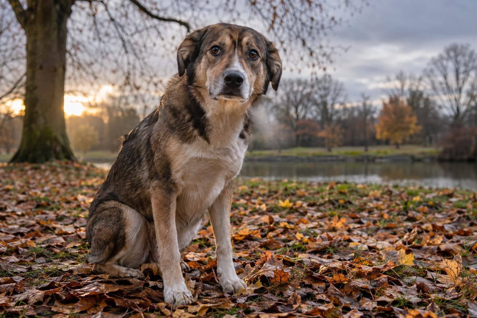 Un chien de taille moyenne assis dans un parc en automne, regardant vers le propriétaire avec une expression alerte et légèrement anxieuse, feuilles mortes au sol, lumière de fin d'après-midi