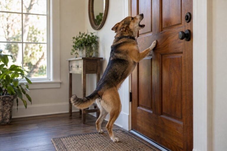 Un chien anxieux aboyant à la porte d'entrée lors du départ de son maître