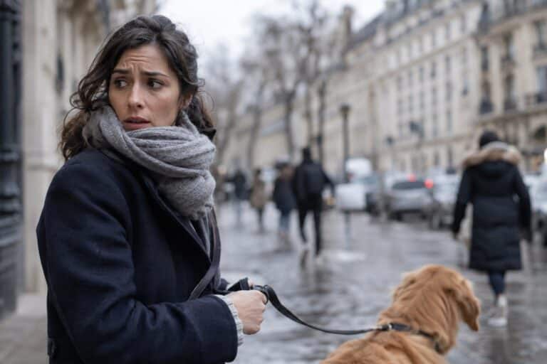 Propriétaire de chien anxieux observant son animal en laisse dans une rue parisienne hivernale, sous le regard des voisins