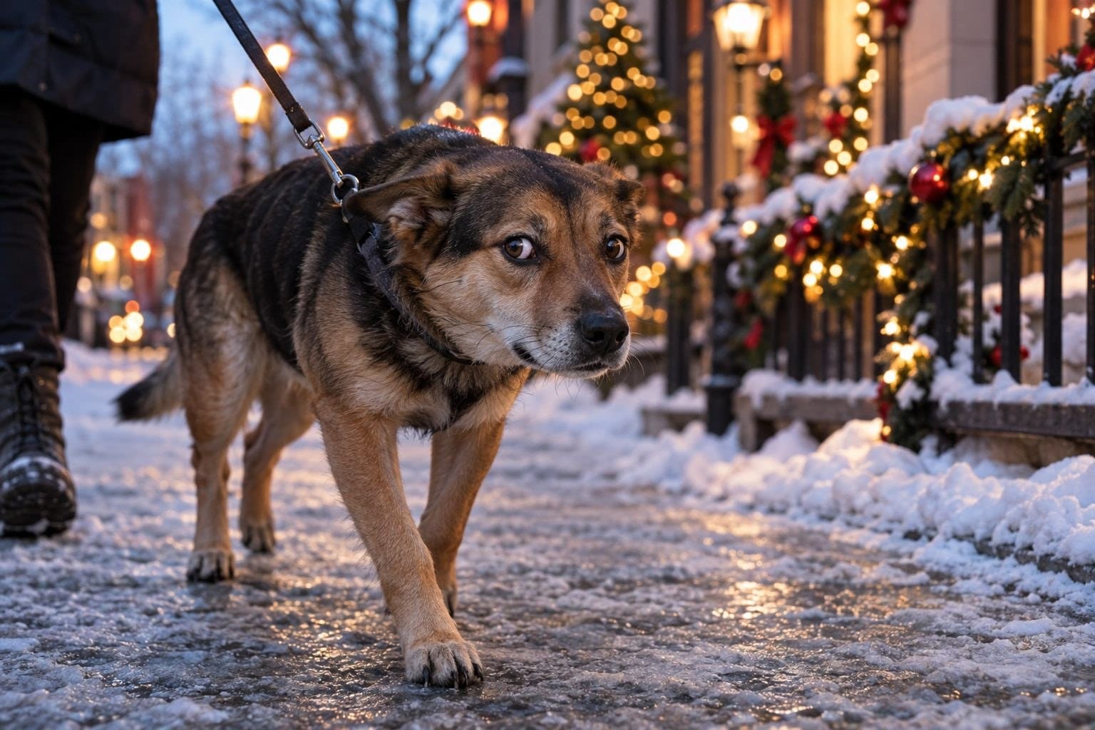 Gros plan d'un chien anxieux en laisse dans une rue urbaine décorée de Noël, réagissant au bruit avec une expression tendue