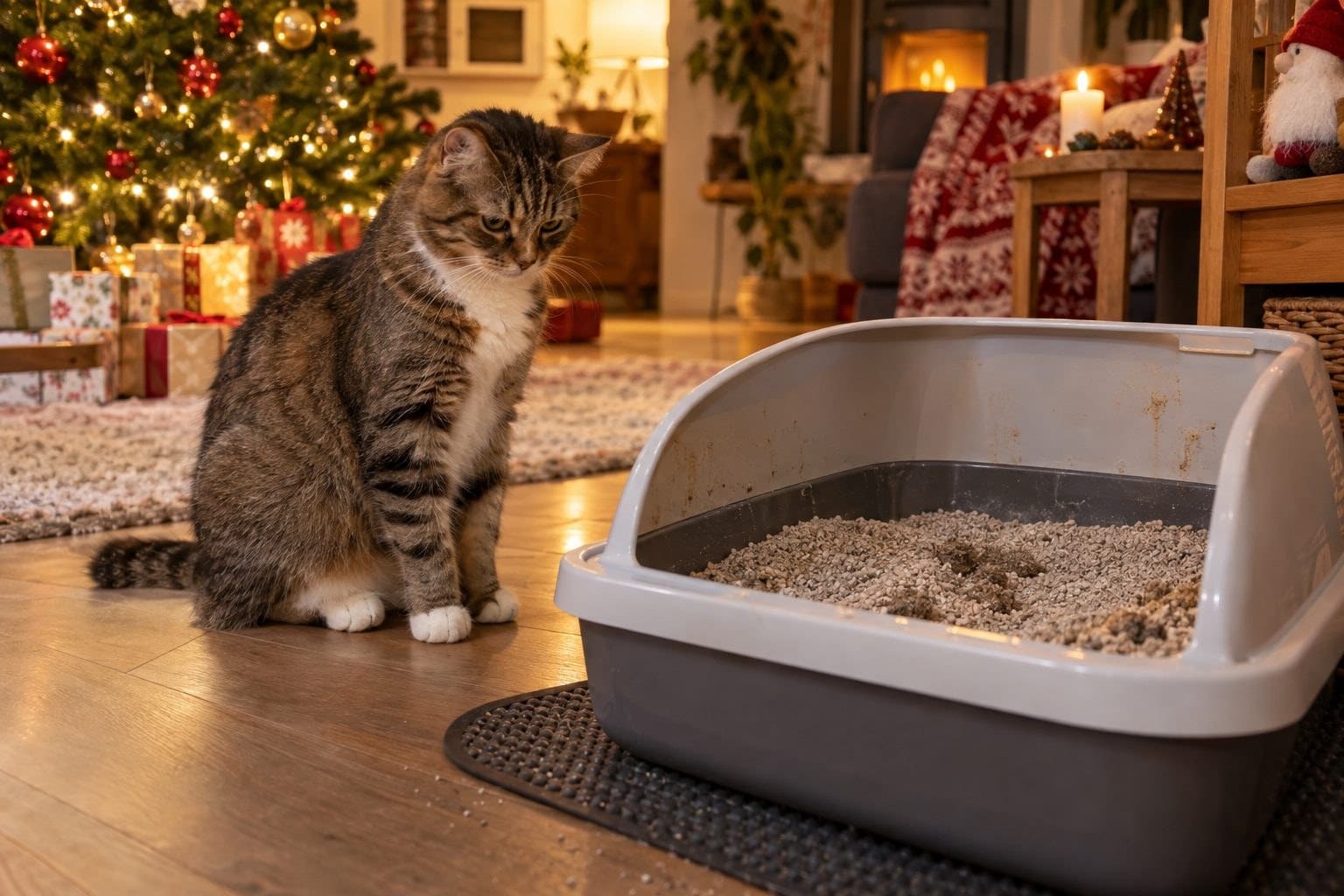 Chat assis près d'une litière sales avec des odeurs visibles, intérieur chaleureux avec décoration de Noël en arrière-plan