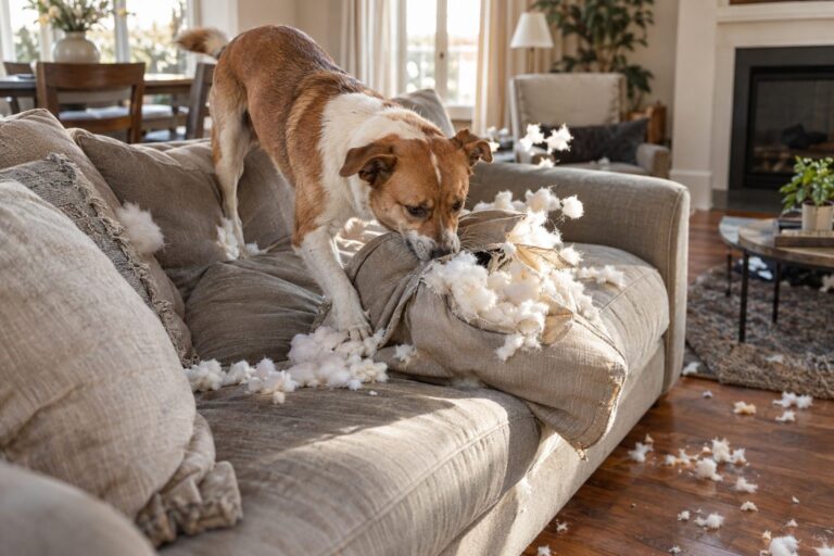 Un chien mordillant et déchirant un coussin de canapé avec du rembourrage qui s'échappe