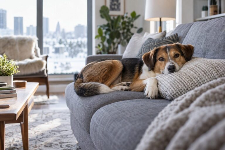 Un chien de taille moyenne allongé confortablement sur un canapé gris dans un appartement moderne, lumière naturelle hivernale entrant par une fenêtre, exprimant la détente plutôt que l'ennui