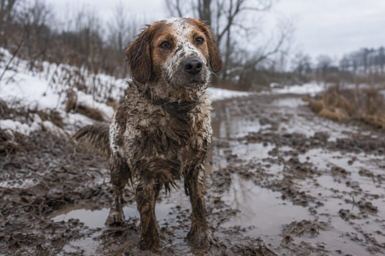 Un chien couvert de boue après une promenade en hiver sur un sentier humide