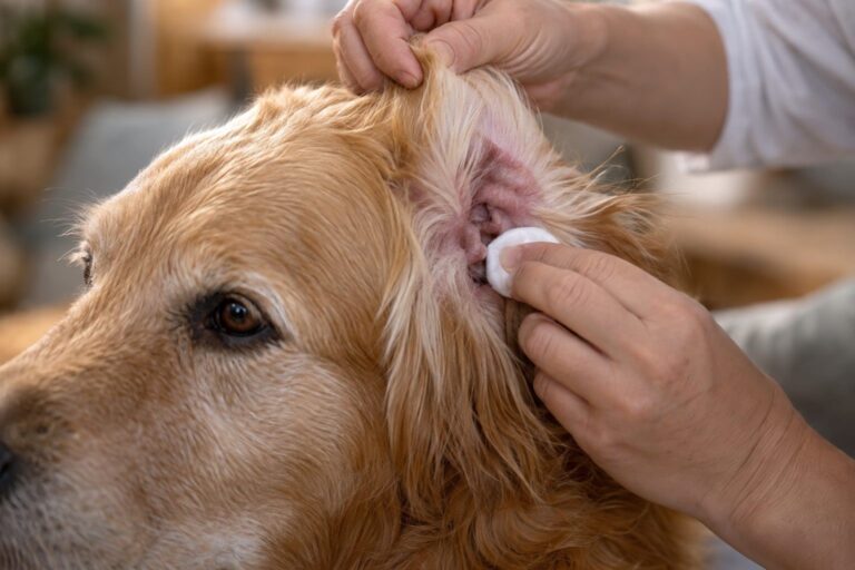 Gros plan sur l'oreille d'un chien pendant un nettoyage vétérinaire ou à domicile