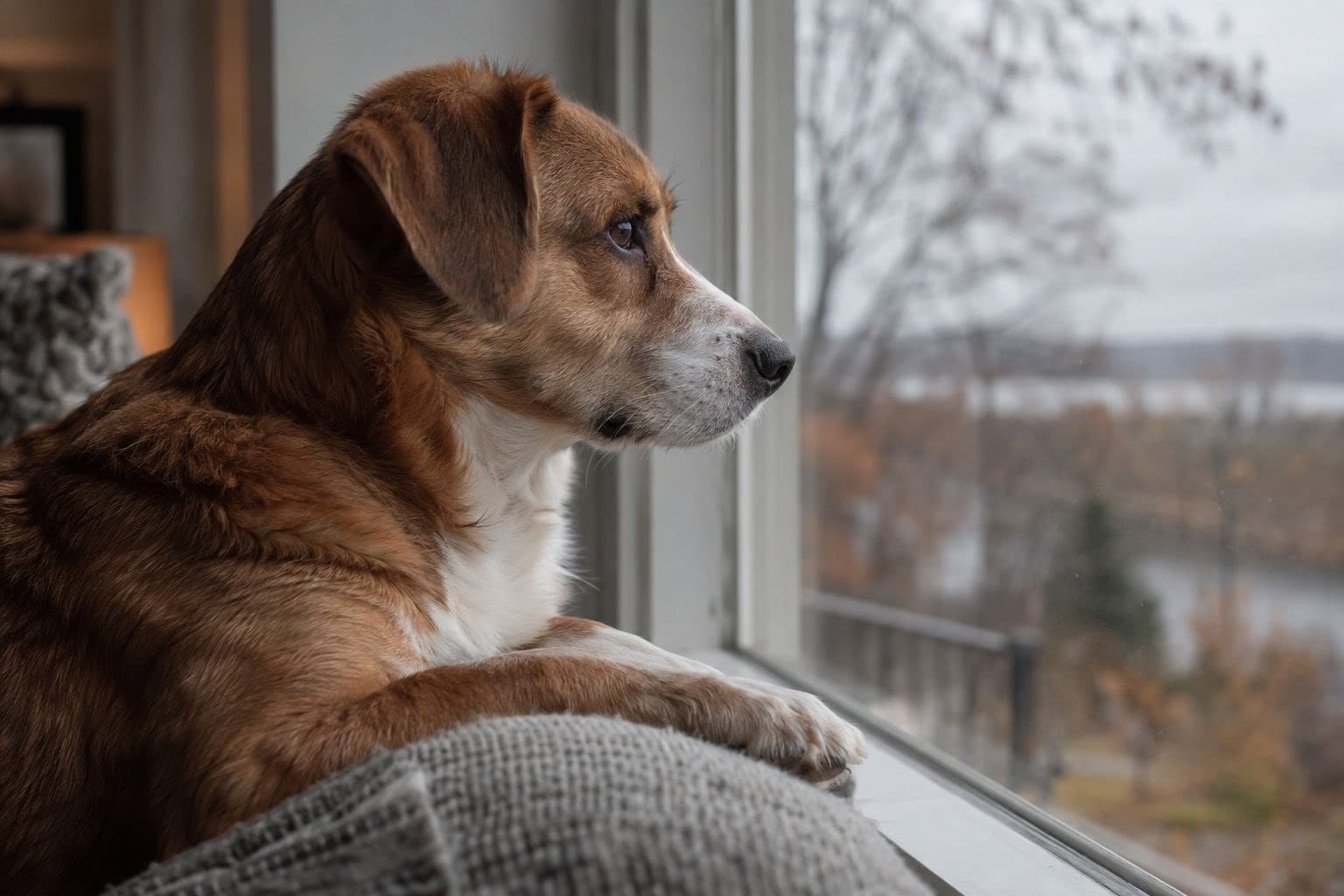 Un chien triste regardant par la fenêtre, symbolisant la séparation et la mélancolie hivernale