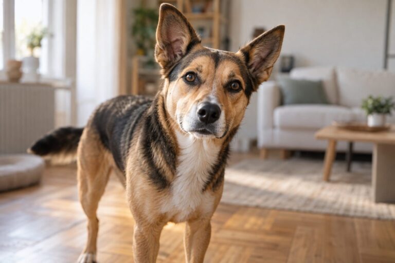 Un chien alerte regardant vers la caméra dans un intérieur domestique, exprimant vigilance et attention