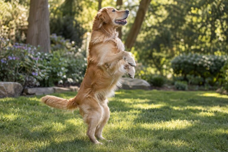 Un chien debout sur ses pattes arrière, vu de profil, dans un jardin ensoleillé, montrant sa posture caractéristique et son langage corporel