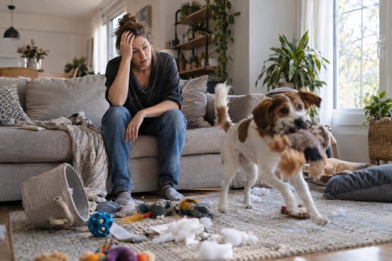 Un propriétaire fatigué regardant son chien énergique dans un salon encombré, symbolisant le choc des attentes face aux responsabilités réelles