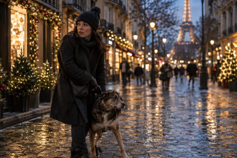 Un propriétaire tenant son chien en laisse dans une rue parisienne illuminée de Noël, l'animal semblant nerveux ou retenu