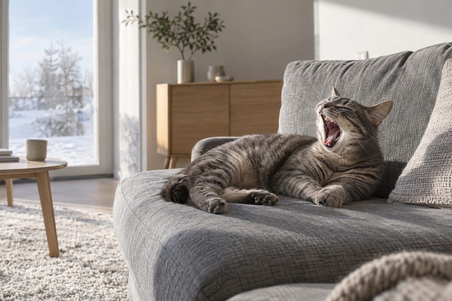 Un chat gris tabby allongé sur un canapé gris, bâillant, dans un salon vide et silencieux baigné de lumière hivernale matinale