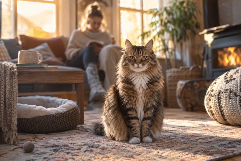 Un chat assis majestueusement au centre d'un salon, regardant vers la caméra avec une expression de satisfaction tranquille, tandis qu'un humain en arrière-plan semble attendre ses ordres