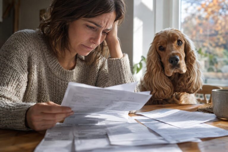 Un propriétaire découvrant avec inquiétude les factures vétérinaires et frais d'un chien Cocker Spaniel