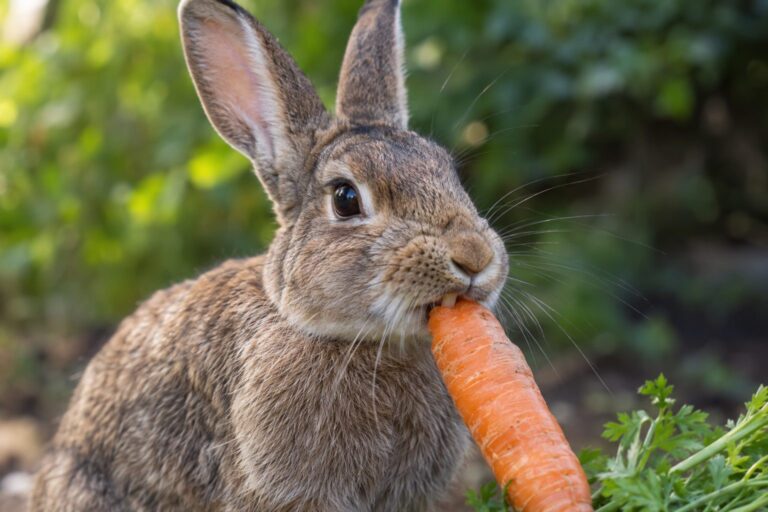 Un lapin européen (Oryctolagus cuniculus) grignotant une carotte fraîche en gros plan, montrant son expression et ses dents
