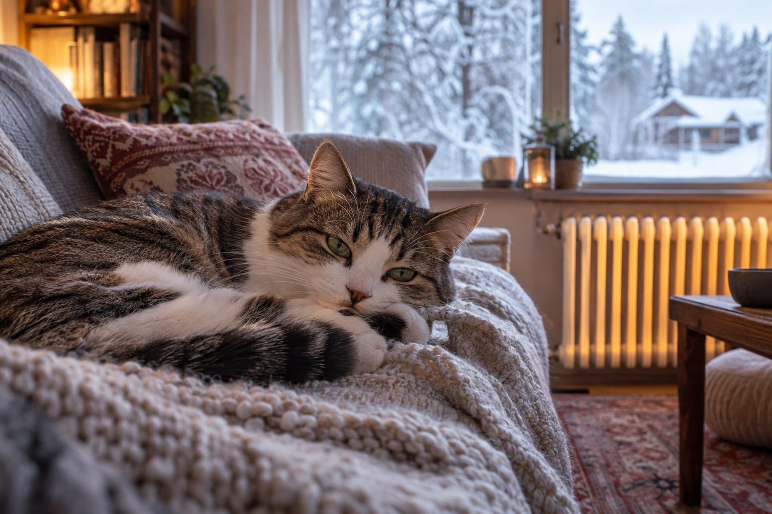Un chat domestique (Felis catus) allongé confortablement sur un canapé près d'une fenêtre hivernale, avec radiateur chaud en arrière-plan