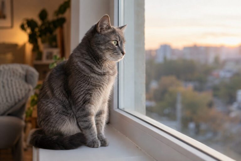 Un chat gris domestique seul à l'intérieur d'un appartement, assis près d'une fenêtre, regardant vers l'extérieur avec une expression contemplative