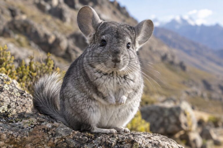 Un chinchilla gris assis de face sur un rocher, regardant la caméra avec ses grands yeux, dans son habitat naturel andin