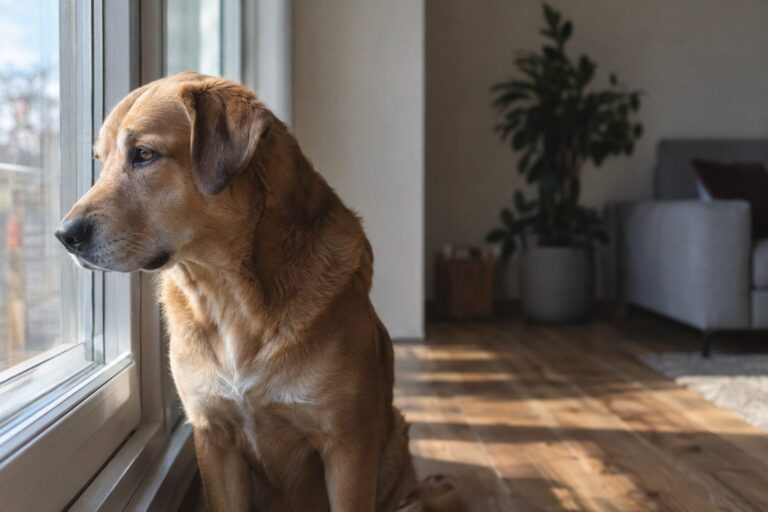 Un chien triste regardant par la fenêtre, attendant le retour de son propriétaire absent