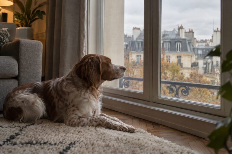 Un chien de taille moyenne allongé sur un tapis dans un salon d'appartement parisien lors d'une journée grise d'automne, regardant par la fenêtre