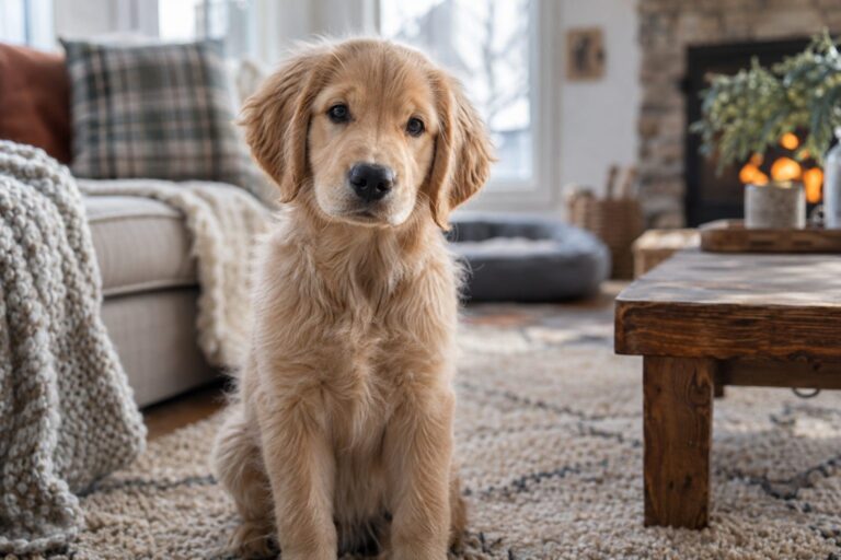 Portrait d'un chiot de race réputée facile à éduquer assis face à la caméra, regard attentif et doux, en intérieur lumineux
