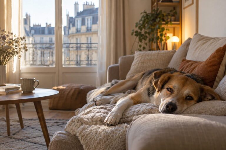 Un chien de taille moyenne allongé confortablement sur un canapé dans un petit appartement parisien en janvier, lumière naturelle hivernale