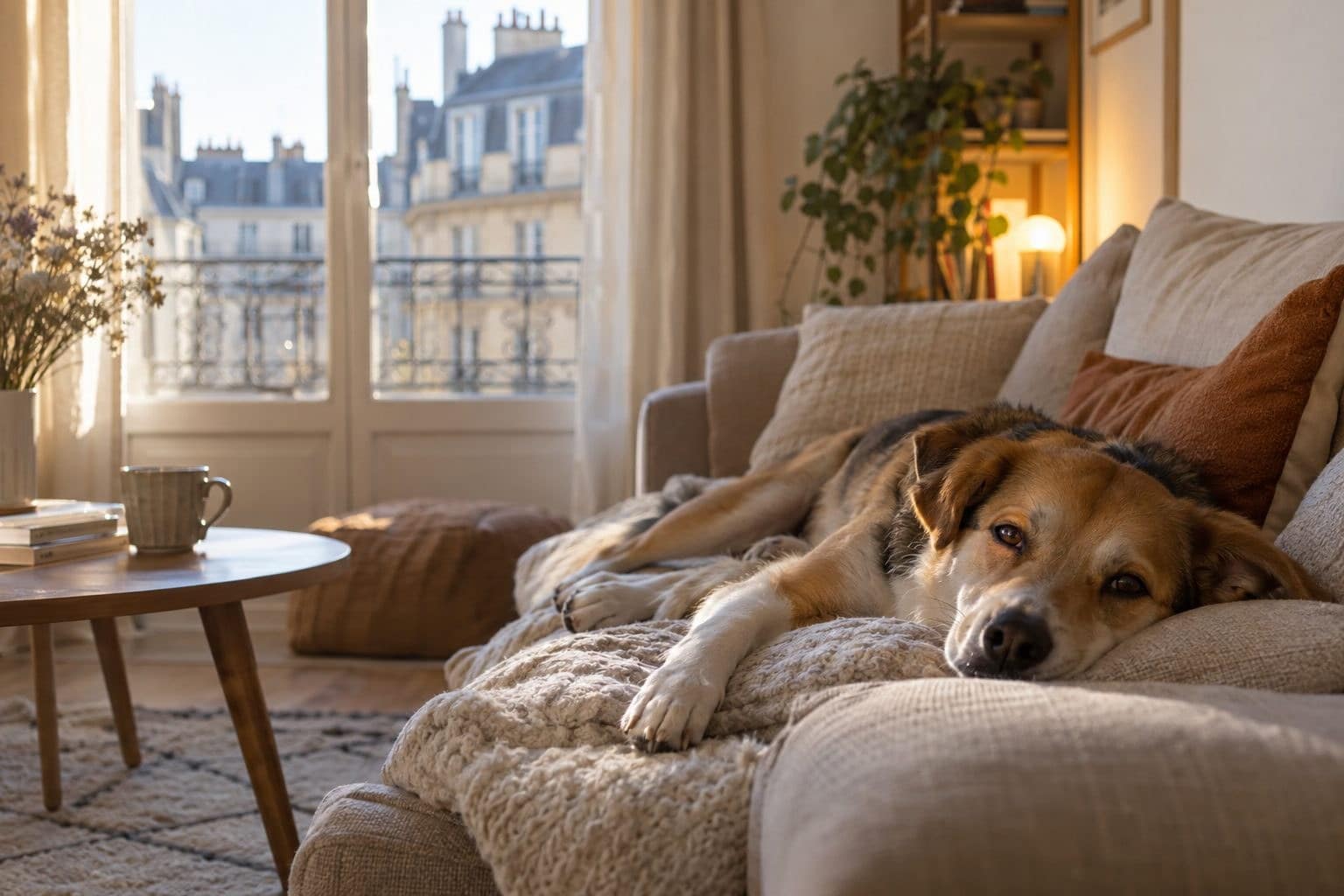 Un chien de taille moyenne allongé confortablement sur un canapé dans un petit appartement parisien en janvier, lumière naturelle hivernale