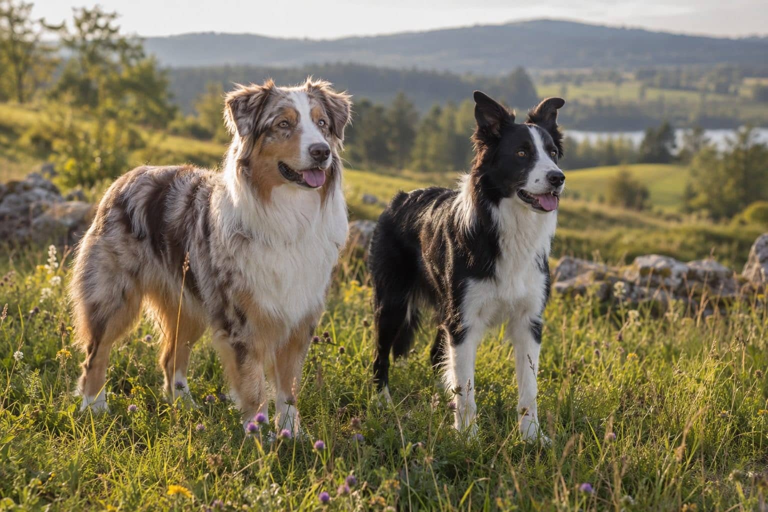 Un berger australien et un border collie côte à côte dans un champ de campagne, montrant leurs différences physiques et leur énergie