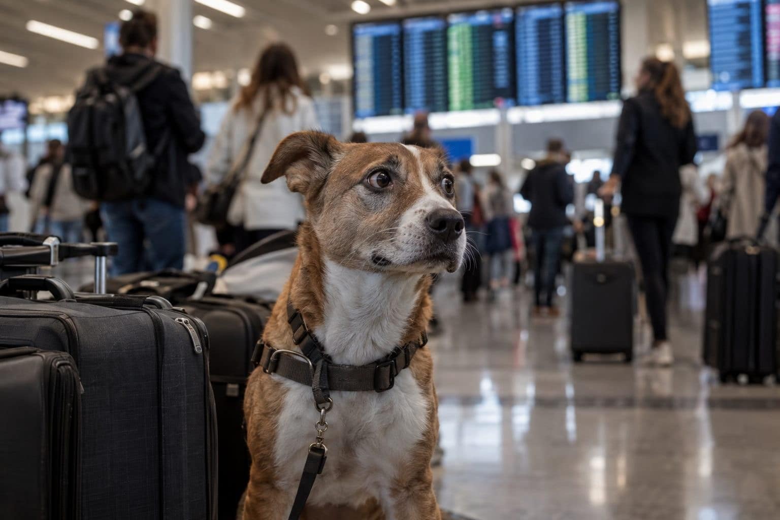 Un chien stressé et agité dans un aéroport bondé, entouré de valises et de voyageurs