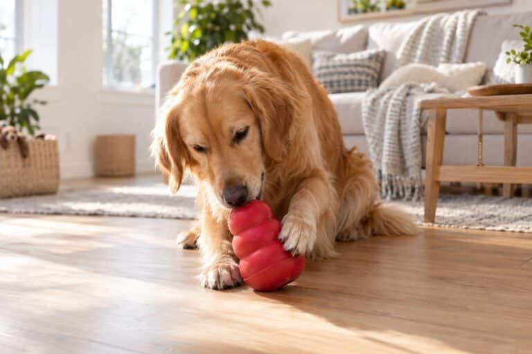 Un chien Golden Retriever en train de jouer avec un jouet interactif Kong en caoutchouc rouge, assis dans un salon lumineux, l'air concentré et engagé