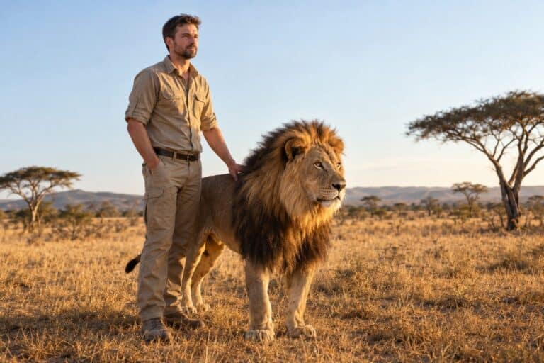 Kevin Richardson aux côtés d'un lion en Afrique du Sud