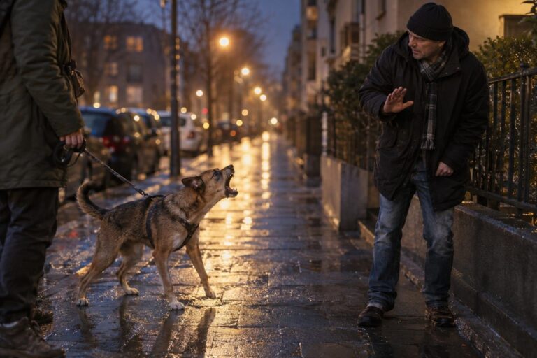 Un chien en laisse qui aboie face à un voisin irrité sur un trottoir urbain mouillé de pluie en fin d'après-midi