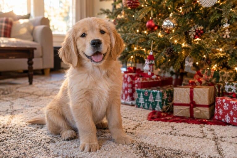 Un chiot Golden Retriever adorable assis sur un tapis du salon à côté d'un sapin de Noël décorés, avec des cadeaux emballés autour, capturant le moment magique de Noël avant les dépenses vétérinaires