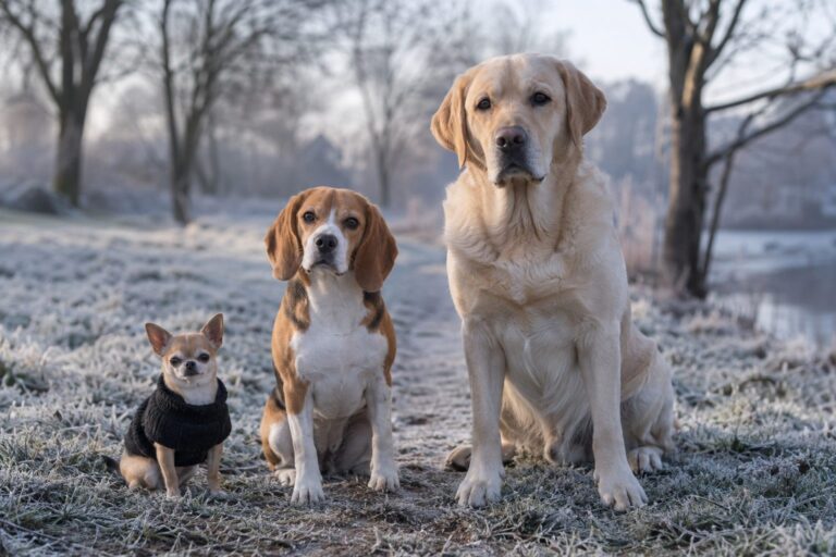Groupe de chiens de différentes tailles (petit chihuahua, moyen beagle, grand labrador) assis côte à côte lors d'une promenade hivernale en parc