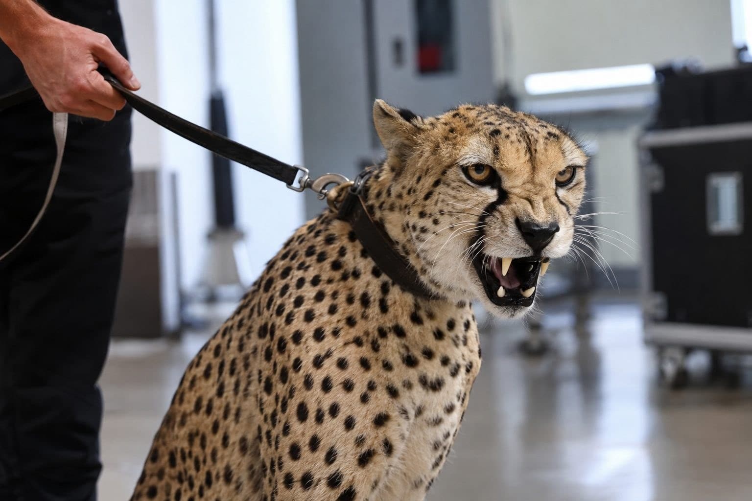 Un guépard en laisse tenu par une personne sur les réseaux sociaux, illustrant l'exploitation d'espèces menacées à des fins de contenu viral