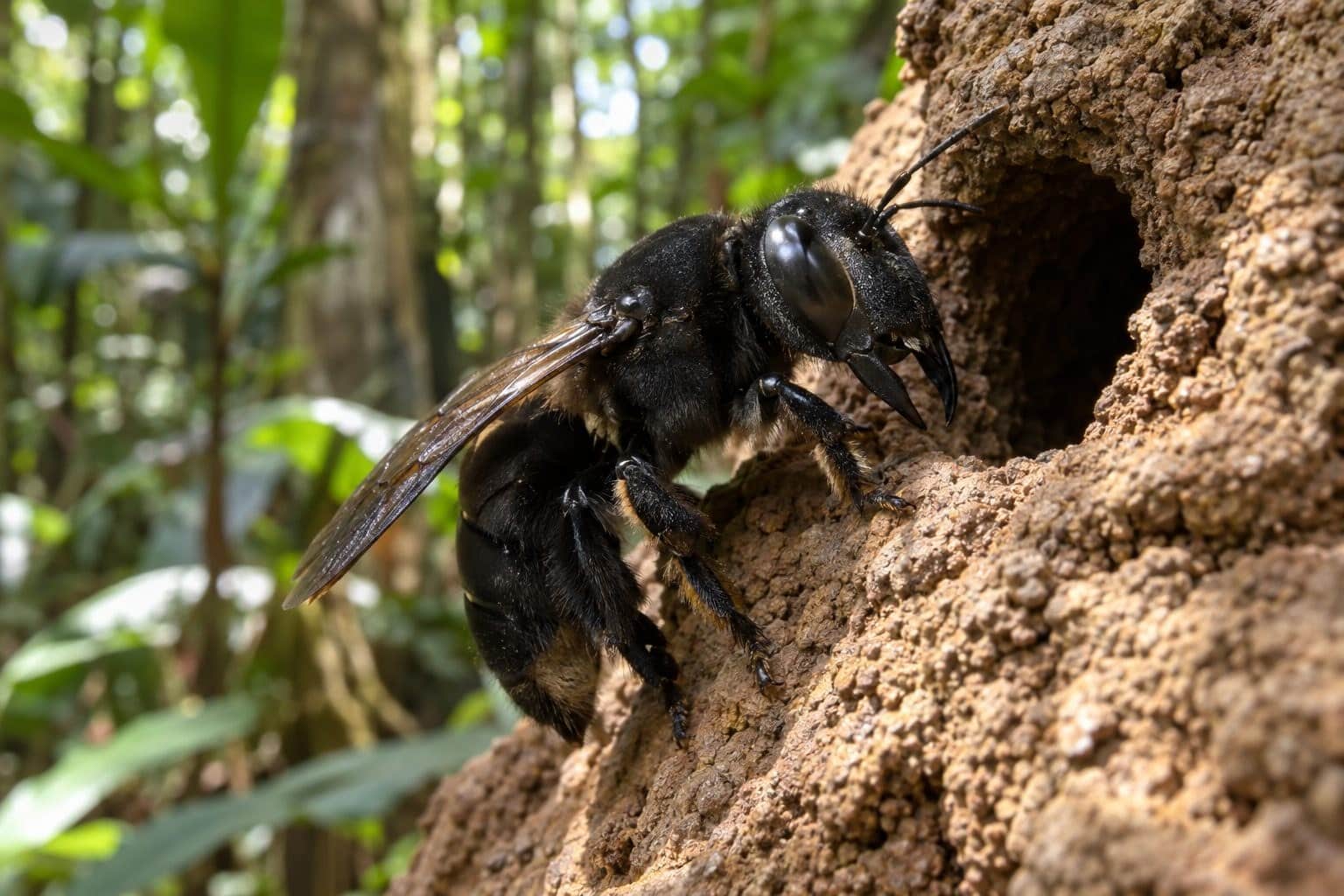 Femelle d'abeille géante de Wallace observant son nid de termite en Indonésie
