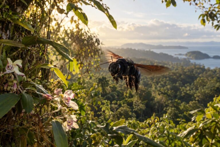 Abeille géante de Wallace en vol rapproché dans son habitat naturel des Moluques