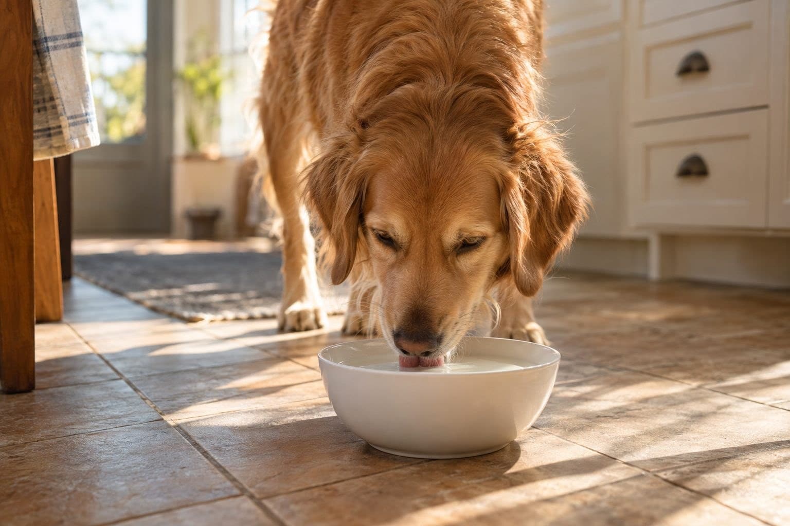 Un chien de race moyenne lapant du lait dans un bol blanc posé sur un carrelage de cuisine, lumière naturelle du matin
