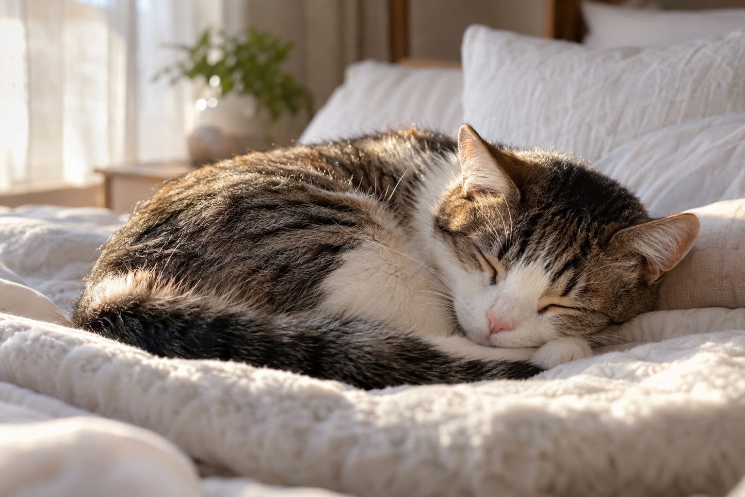 Un chat domestique endormi confortablement sur un lit, illustrant le bien-être animal reconnu légalement en Wallonie
