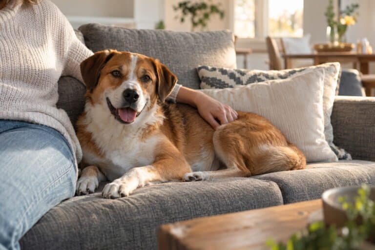 Un chien de taille moyenne installé confortablement sur un canapé gris dans un salon moderne, aux côtés d'une personne dont on voit partiellement le bras, photographié de face en plan moyen montrant l'interaction affectueuse entre le chien et son pro