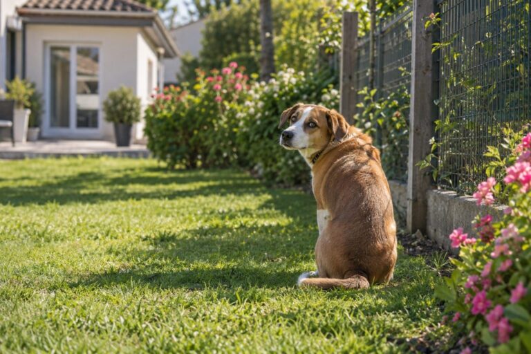 Un chien seul dans un jardin résidentiel français, assis près d'une clôture, regardant vers la maison