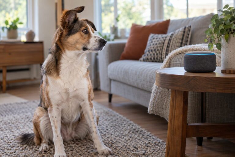 Un chien assis dans un salon moderne, écoutant attentivement avec des oreilles dressées, tandis qu'une voix sort d'un haut-parleur connecté visible en arrière-plan
