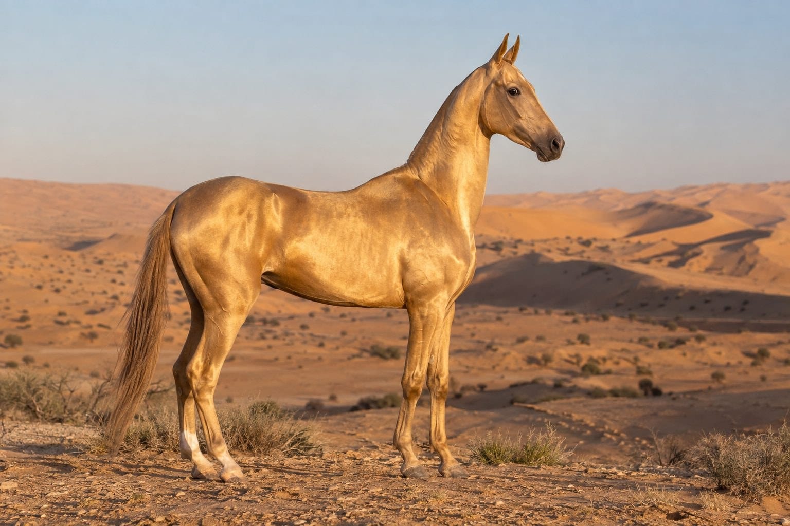 Portrait d'un cheval Akhal-Teke dans son environnement désertique naturel