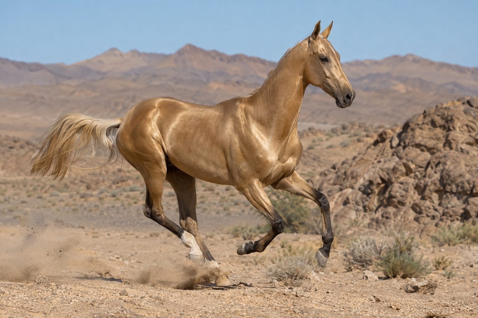 Un étalon Akhal-Teke en mouvement dans le désert