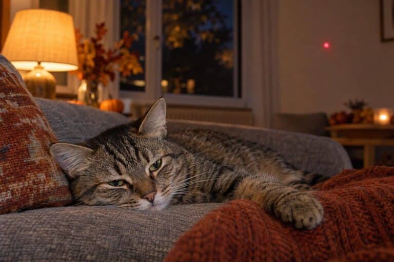 Un chat domestique (Felis catus) fatigué et désintéressé regardant un pointeur laser rouge sur un mur, en fin de soirée d'automne dans un salon cosy