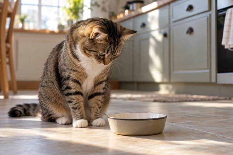 Un chat domestique (Felis catus) regardant sa gamelle vide ou peu remplie avec intérêt, dans une cuisine lumineuse