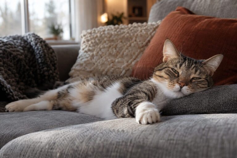 Chat allongé sur un canapé gris en intérieur cosy d'hiver, ronronnant et semblant détaché