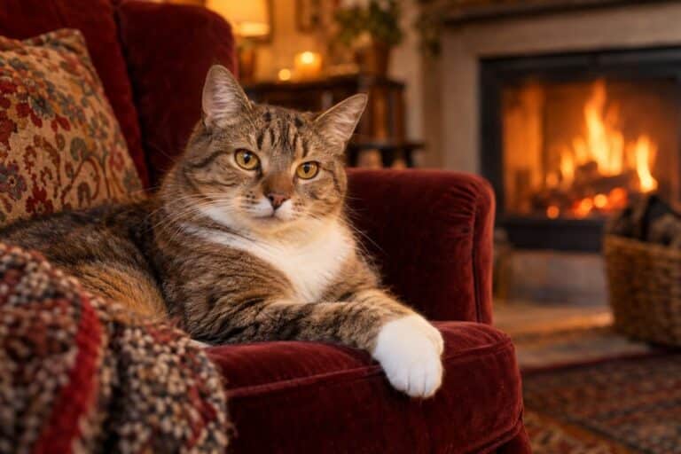 Un chat domestique élégant allongé sur un fauteuil confortable près d'une cheminée, incarnant le confort du foyer