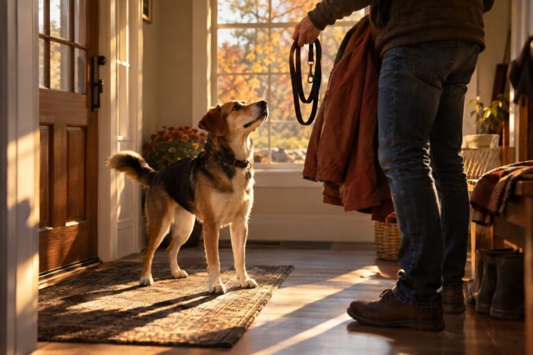 Un chien attendant anxieusement près de la porte d'entrée en fin d'après-midi automnale, avec son maître préparant ses affaires pour la promenade