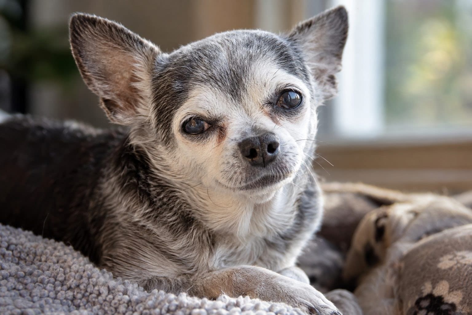 Tobykeith, un chihuahua très âgé de 21 ans, en gros plan montrant son visage ridé et ses traits caractéristiques